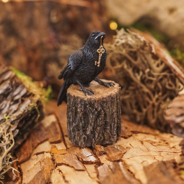 Buy 3 Save $6 Miniature Dollhouse Fairy Garden Raven with Key on Tree Stump 